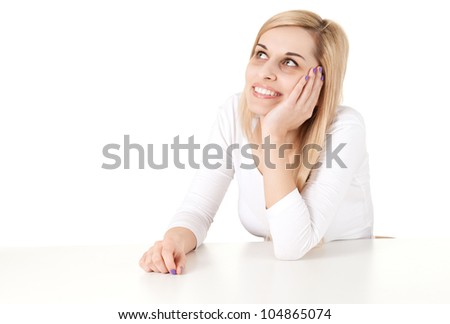 thinking young woman looking up, white background