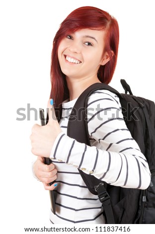 cheerful student girl with black rucksack and thumb up, white background