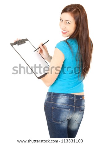 student girl with clipboard and pen, white background