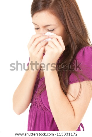 crying sad teenage girl with handkerchief, white background