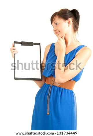 attractive university student girl with clipboard, white background