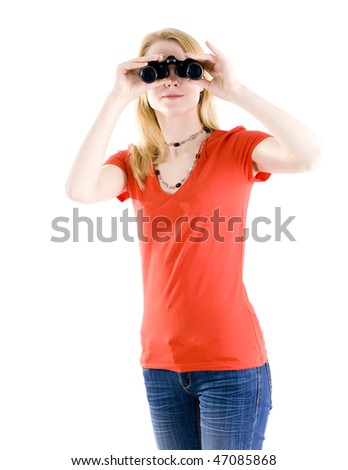 Beautiful, attractive young woman in red blouse looking through binoculars