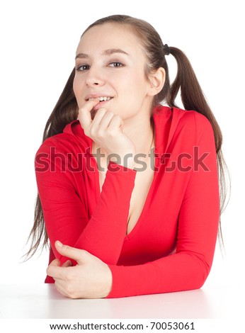 smiling young brown hair woman with pony tails in red blouse