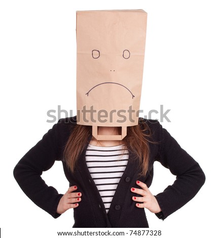 young woman in sad ecological paper bag on head, series