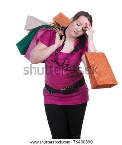 tired fat young woman with shopping bags