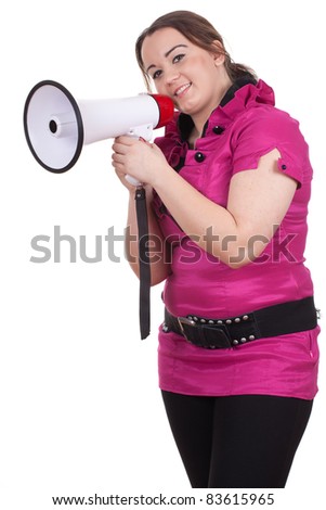young fat woman in pink blouse with megaphone, series