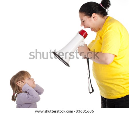 stock photo little girl and screaming fat mother with megaphone