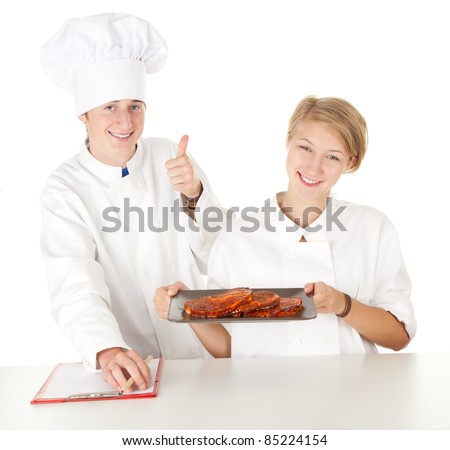 chef with thumb up examining cook, cooks team in white uniforms preparing meat, series