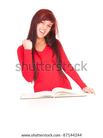 successful student girl with notebook, white background