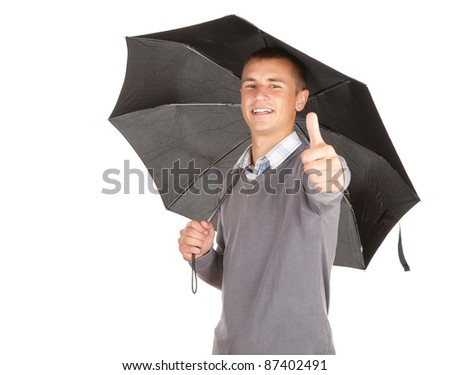 black umbrella and young man with thumb up, white background