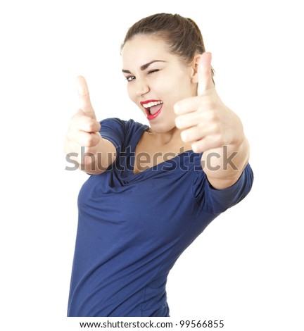 young woman with thumbs up, white background