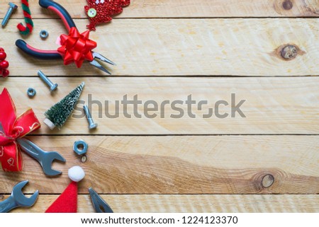 Merry Christmas and Happy new year handy tools gift background concept. Top view with copy space.