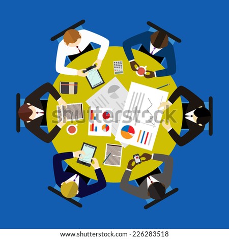 Business teamwork and brainstorming concept, businessman having a meeting around a round table. Overhead view vector illustration