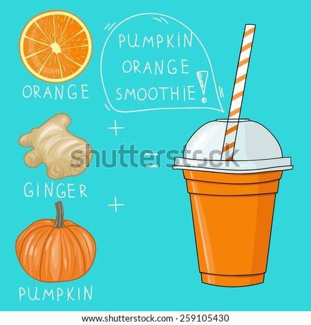 Glass with pumpkin orange smoothie. Natural bio drink, healthy organic food. Hand drawn  illustration in doodle style isolated on background.