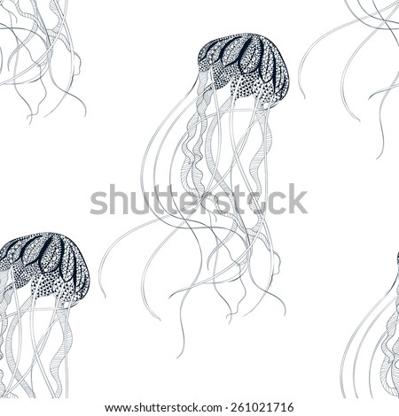 Zentangle stylized Jellyfish seamless pattern Hand Drawn vector illustration isolated on white background Sketch for tattoo or makhenda Sea collection Zentangle stylized Jellyfish seamless pattern Hand Drawn vector illustration isolated on white background Sketch for tattoo or makhenda Sea collection