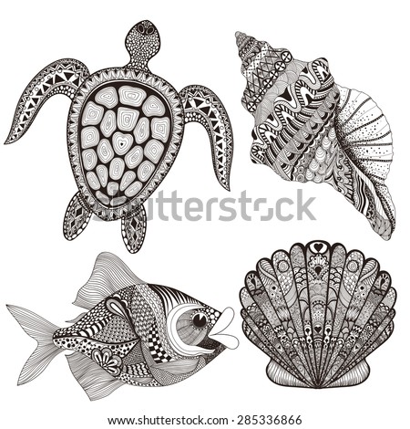 Zentangle stylized black sea shells, fish and turtle. Hand Drawn  doodle vector illustration. Sketch for tattoo or makhenda. Seal collection. Ocean life set.
