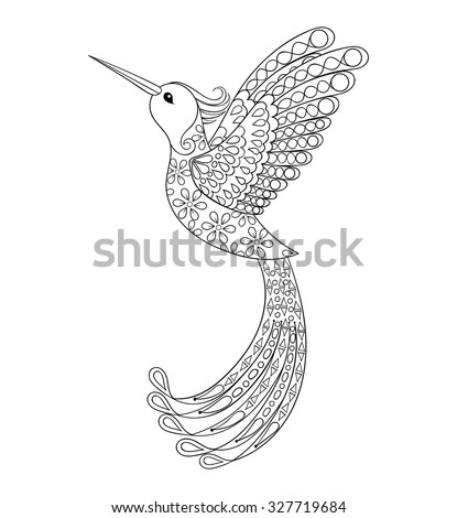 Zentangle tribal Hummingbird, flying bird totem for adult anti stress Coloring Page, tattoos with high details isolated on background, hand drawn illustration. Vector monochrome sketch of exotic bird.