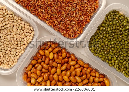 Healthy grain food selection in plastic Bowl on a Grey background. Brown Rice and beans collection