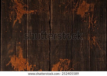 Old Vintage Planked Wood Texture Background. Top View of Rustic Wooden Board or Table Surface. Copy Space for Text or image. Mud or Clay Splashes.