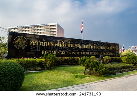 BANGKOK,THAILAND - JANUARY 5 : Sign board of King Mongkut\'s Institute of Technology Ladkrabang (KMITL) situated in front of the office of Chancellor of KMITL on January 5,2015 in Bangkok,Thailand.