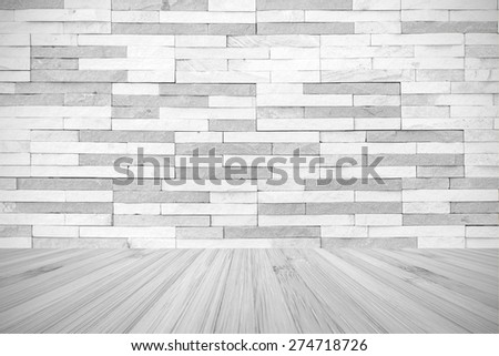 White grey colour brick tile textured wall with wood floor in light gray tone for in interiors : Stone tile wall with wooden floor for interior backgrounds