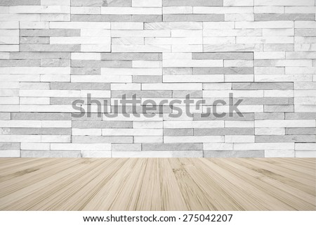 White grey colour brick tile textured wall with wood floor in light beige cream color tone for in interiors : Stone tiled wall with wooden table or tabletop