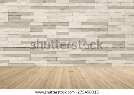Light cream brown two-tone-color brick tile wall with wooden floor in sepia antique brown color tone for interior background