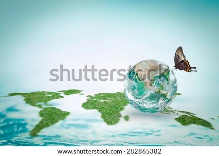 Butterfly drinking water on green globe with world map and ocean background : Save world environment and  hydrography concept to combat desertification :Elements of this image furnished by NASA