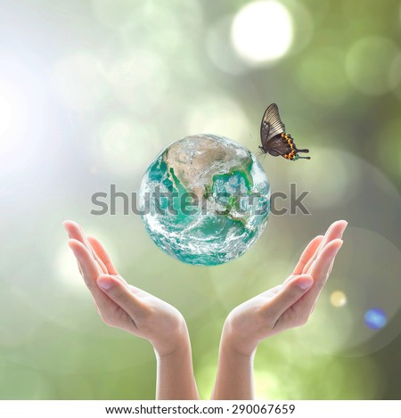Green planet with butterfly over human hands in blurred green bokeh background of natural tree leaves facing sun flare : World environment day concept: Elements of this image furnished by NASA
