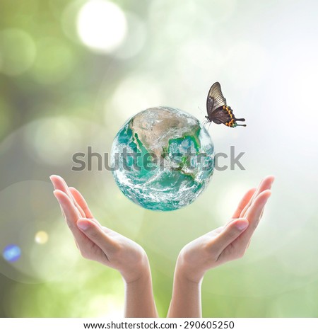 Green planet with butterfly over human hands in blurred green bokeh background of natural tree leaves facing sun flare : Save world environment day concept: Elements of this image furnished by NASA
