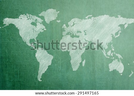 Green chalkboard with world map background : Wooden green blackboard with international global map chalk freehand drawing backdrop