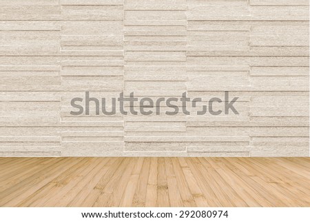 Modern granite tile wall pattern textured background in light cream beige brown color with wooden floor in yellow cream color : Horizontal stone tile wall pattern texture with wood flooring