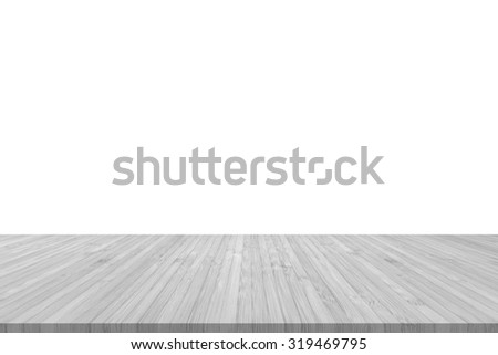 Isolated wood floor texture in light white grey color tone for product placement/ display on empty white wall background/ backdrop: Wooden table with timber edge in black and white toned colour