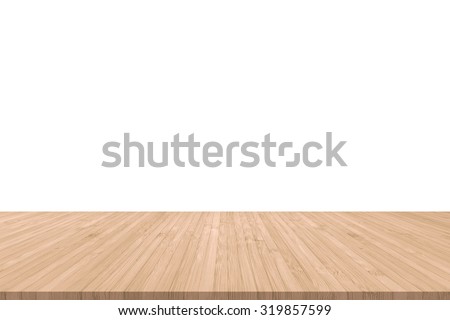 Isolated wood floor texture in light red brown color tone for product placement/ display on empty white wall background/ backdrop: Wooden table with timber edge in orange beige brown toned colour
