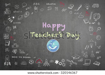 Happy world teacher\'s day concept with smiley face icon on black chalkboard and doodle freehand sketch chalk drawing: Students sending greeting message to school teachers/ academia on special occasion