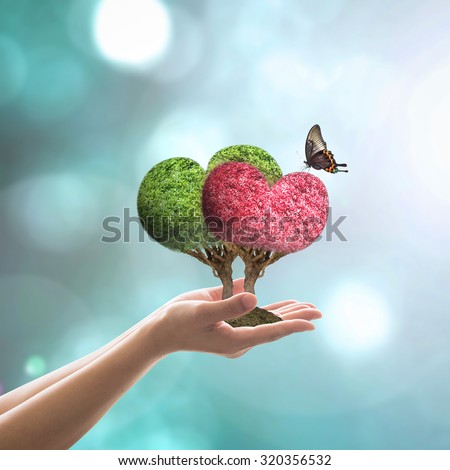 A couple of beautiful heart shaped green and red trees in love with butterfly on woman\'s hands on blurred abstract background of blue bokeh in vintage style color tone: World heart day campaign/ idea