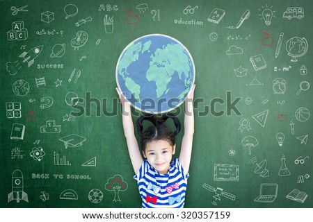 Happy Asian school child girl with hands raising globe chalk drawing on green color chalkboard with freehand sketch doodle background: Smiling female little kid on writable blackboard backdrop
