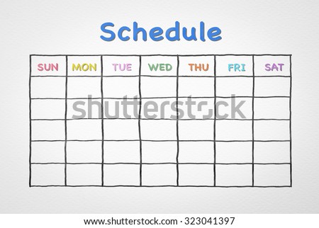 Freehand pen doodle sketch drawing of blank monthly grid timetable schedule on white watercolor paper background: Hand drawn study plan on paper with weekly date written in colorful pastel color