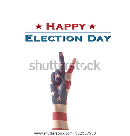 Happy election day text announcement message: Isolated  V shape people hand sign for voting campaign with American flag pattern texture on white background: USA election day concept
