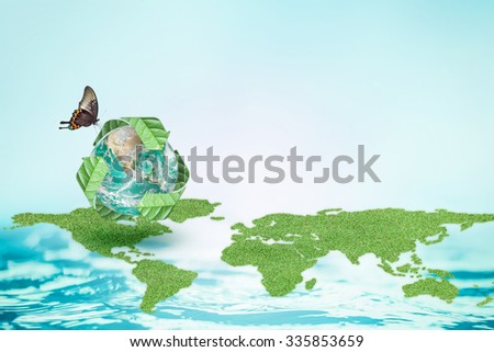 CSR corporate social responsibility concept: American recycled day (ARD): World map grass texture with green leaf recycle arrow sign around globe w/ butterfly idea :Element of image furnished by NASA