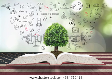 Tree of knowledge/ life growing from big archive open textbook w/ doodle on vintage USA flag pattern on aged wood table, blur natural green background: Read across america day concept: US CSR bio idea