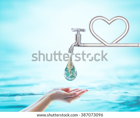 Green world droplet fall on woman human hand from heart love shape pipe water tap faucet on blur blue sea ocean day background: Saving aqua conceptual csr idea: Element of this image furnished by NASA