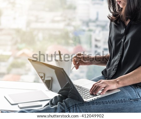 City lifestyle blogger woman working on pad device smart phone texting from office space room: SEO Daily life: Hand typing touch screen using wifi cyber IM IT IOT PPC communication technology