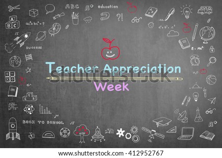 National teacher appreciation week text message on black chalkboard background wi/ cute doodle freehand sketch chalk drawing icon: Student\'s greeting for school lecturer academia: Happy teacher\'s day