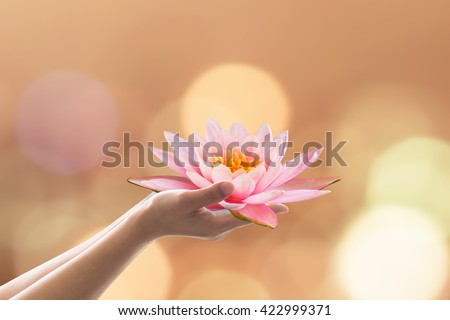 Woman human prayer hand holding lotus water lily flower worship Vesak Vesakha day  Buddha\'s birthday concept: Buddhist holiday bringing happiness under full moon gold candle light bokeh background