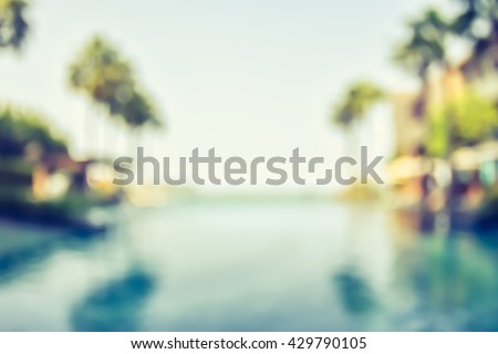 Blur abstract background vintage style resort hotel swimming pool reflective water surface, blue cool sky coconut palm tree row: Blurry perspective view vacation summer party holiday relaxation pond