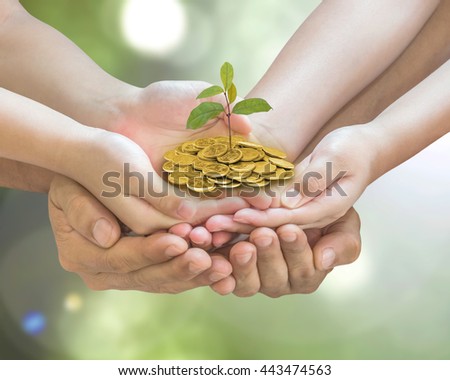 Family hand seedling money together: Parent children planting tree on gold coin on blur nature greenery background: World environment day eco bio CSR ESG ecosystem reforestation reform charity concept