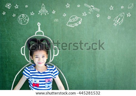 School girl kid's imagination with learning inspiration world in innovative science technology engineering maths STEM education and universal children's day concept