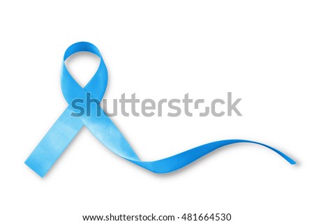 Light blue ribbon symbolic sign for prostate cancer awareness campaign, men\'s health in November isolated on white background, clipping path: Shiny blue satin texture textile on dark wooden backdrop