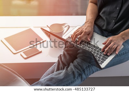 City lifestyle woman hands working on computer typing laptop keyboard using wifi IOT IT SEO 4g 5G cyber internet online digital media PPC interactive technology pc device in office space environment